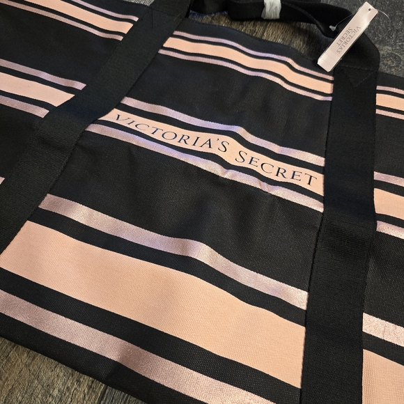 🩷NEW Victoria's Secret Black and Pink Striped Tote Bag - Picture 2 of 6